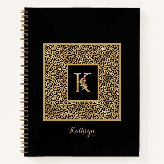 Modern Leopard Gold Personal Monogram Letter K Notebook (Front)