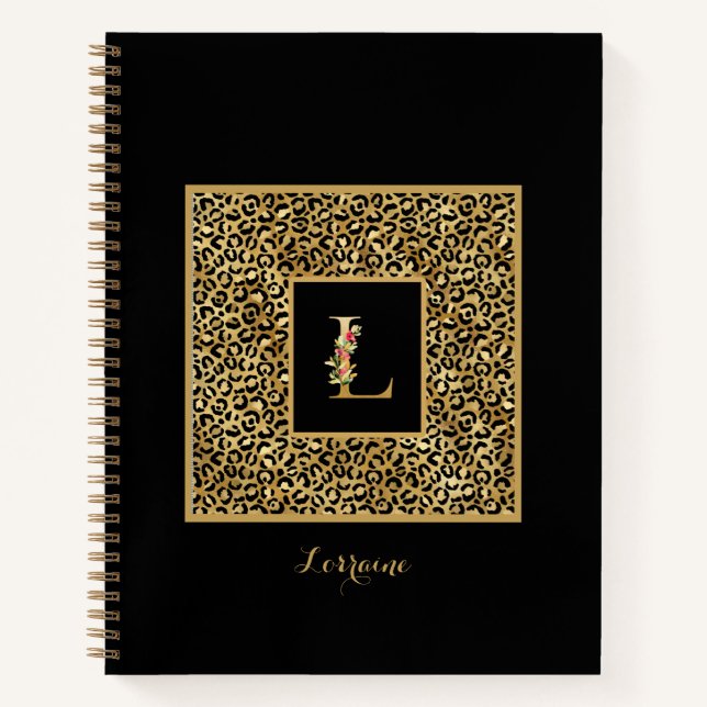 Modern Leopard Gold Personal Monogram Letter L Notebook (Front)