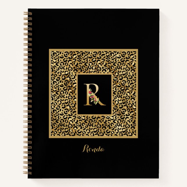 Modern Leopard Gold Personal Monogram Letter R Notebook (Front)