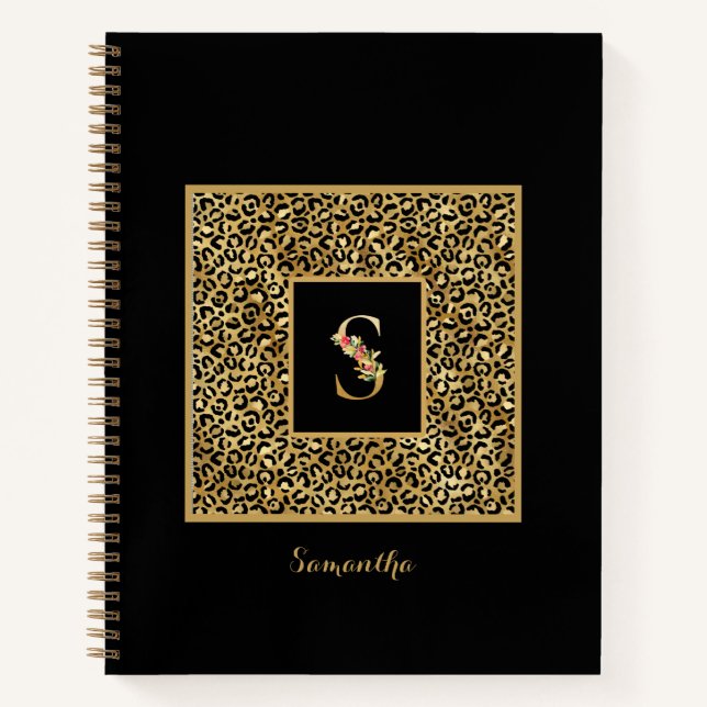 Modern Leopard Gold Personal Monogram Letter S Notebook (Front)