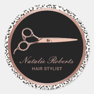 Modern Leopard Hair Stylist Rose Gold Scissor Classic Round Sticker