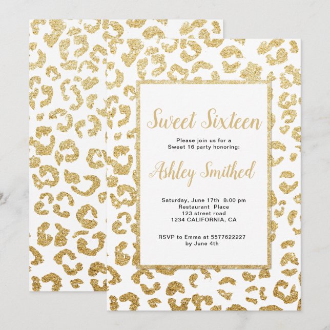 Modern leopard pattern faux gold glitter Sweet 16 Invitation (Front/Back)