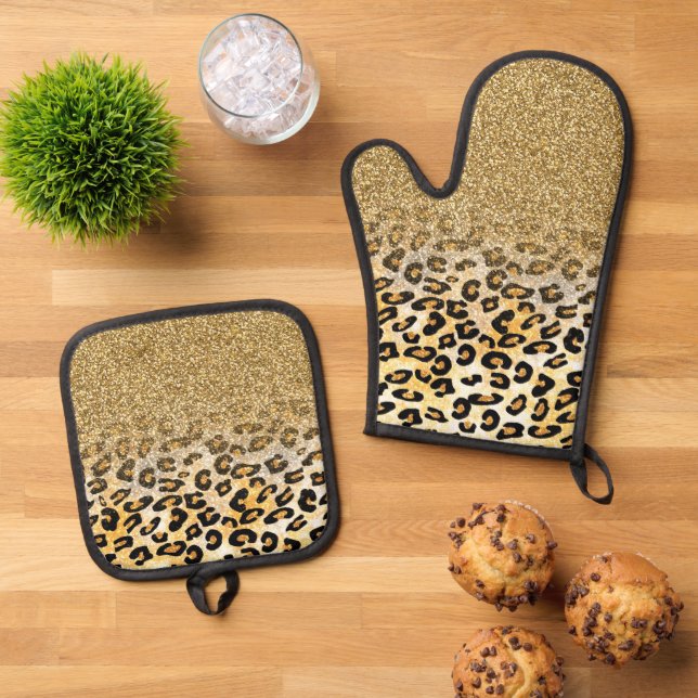 Modern Leopard Pattern Gold Glitter Ombre Oven Mitt & Pot Holder Set (Top Down)