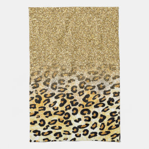 Modern Leopard Pattern Gold Glitter Ombre Tea Towel