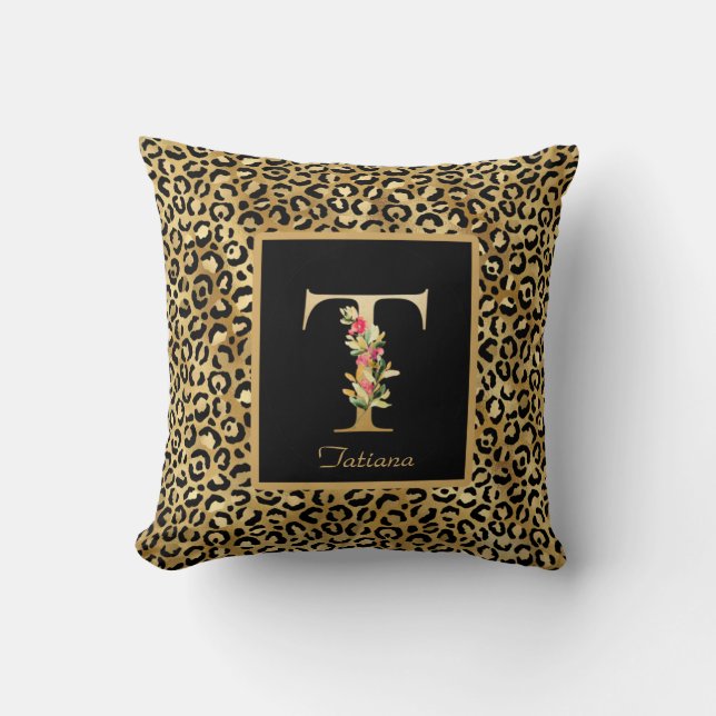 Modern Leopard Personalised Monogram T Initial Cushion (Front)