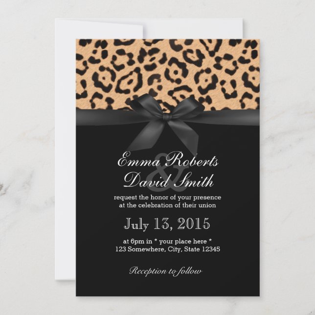 Modern Leopard Print Black Ribbon Wedding Invitation (Front)