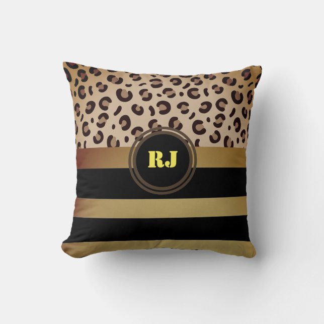 Modern Leopard Print Golden Black Strips Monogram  Cushion (Front)