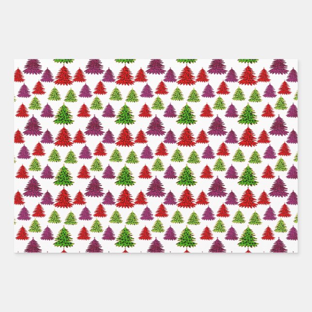 Modern Leopard Print Multi Colours Christmas Trees Wrapping Paper Sheet (Front)