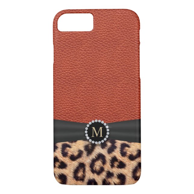 Modern Leopard Print Red Leather Monogram Case-Mate iPhone Case (Back)