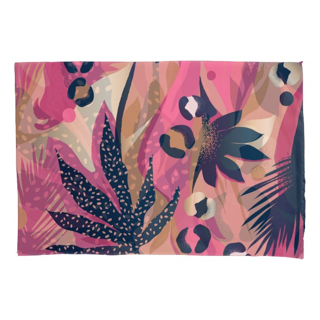 Modern Leopard Skin, Exotic Floral. Pillowcase (Front)