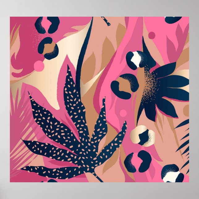 Modern Leopard Skin, Exotic Floral. Poster (Front)