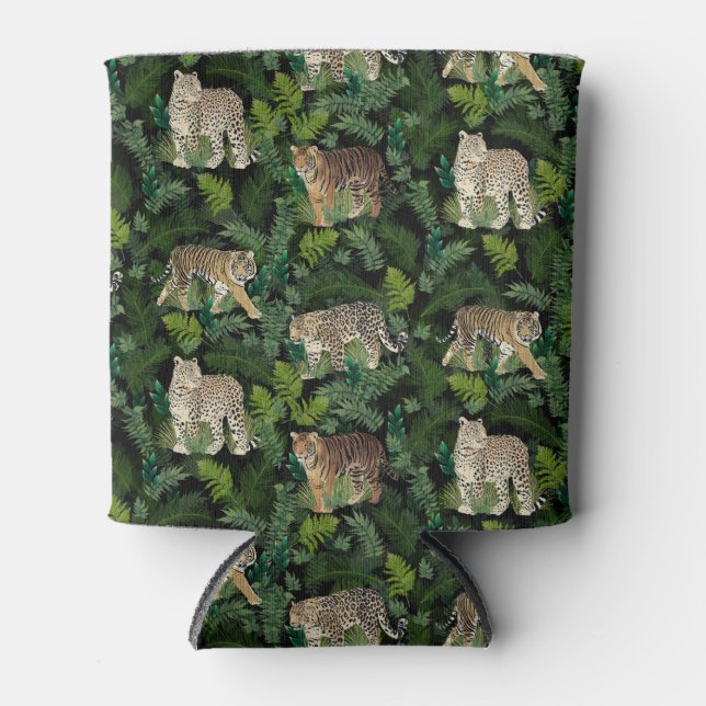 Modern Leopards Tigers Jungle Plants Black Design Can Cooler (Front)