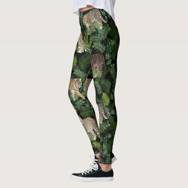 Modern Leopards Tigers Jungle Plants Black Design Leggings (Left)