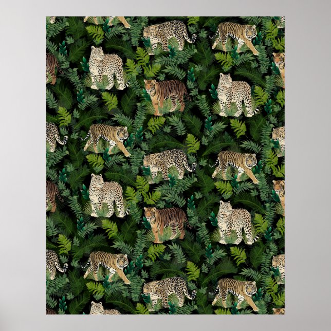 Modern Leopards Tigers Jungle Plants Black Design Poster (Front)