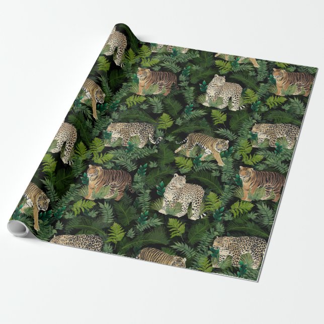 Modern Leopards Tigers Jungle Plants Black Design Wrapping Paper (Unrolled)