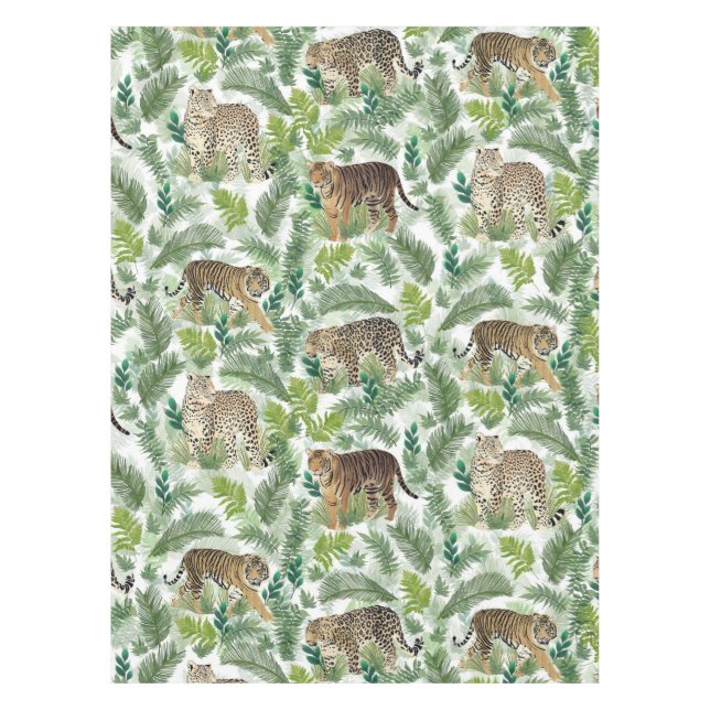 Modern Leopards Tigers Jungle Plants Tablecloth (Front)