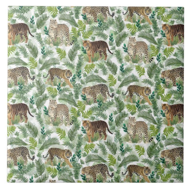 Modern Leopards Tigers Jungle Plants Tile (Front)