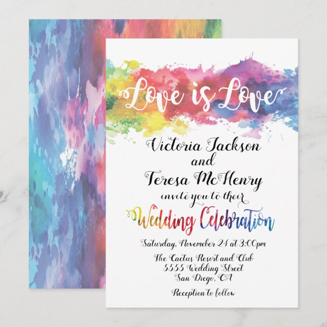 Modern Lesbian Gay Watercolor Wedding Invitation (Front/Back)