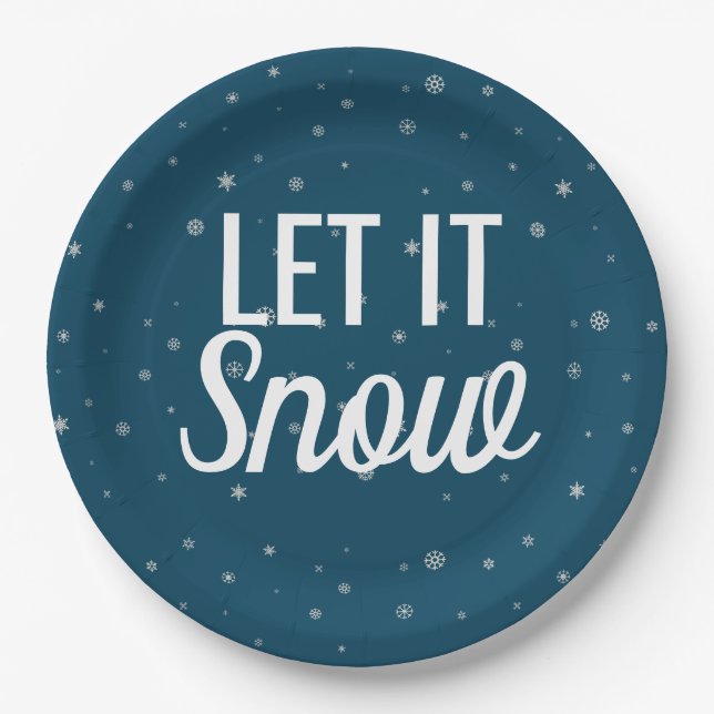 Modern let it snow blue with snowflakes paper plate (Front)