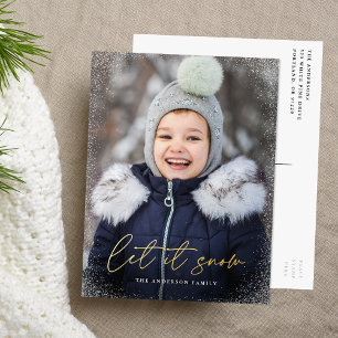 Modern Let it Snow Script Photo Foil Holiday Postcard