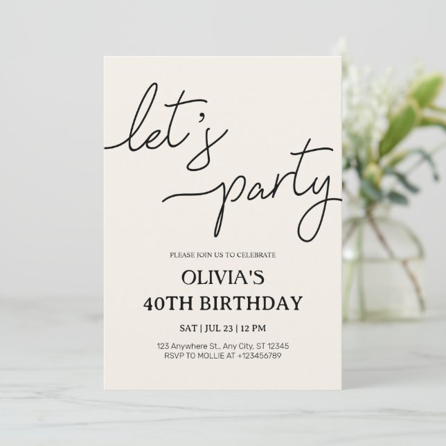 Modern Let’s Party 40th Birthday Invitation (Standing Front)