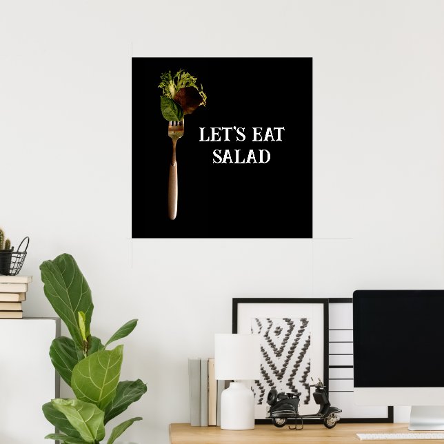 Modern Let's Eat Salad Food on Fork Black  Poster (Home Office)