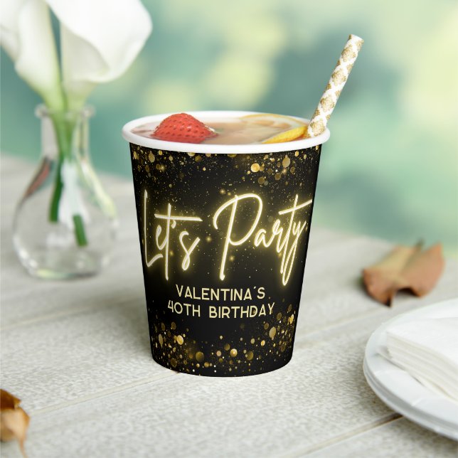 Modern Let's Party Black and Gold Neon Glow Light Paper Cups (Insitu)