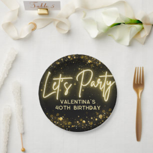 Modern Let's Party Black and Gold Neon Glow Light Paper Plate
