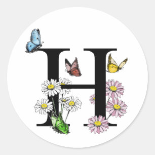 Modern Letter H Garden Butterfly Monogram  Classic Round Sticker