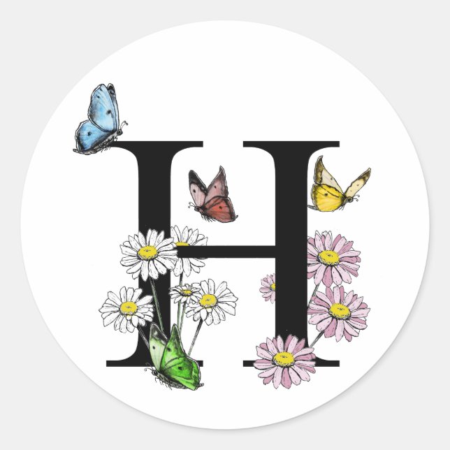  Modern Letter H Garden Butterfly Monogram  Classic Round Sticker (Front)