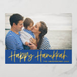 Modern Lettering Blue Happy Hanukkah Photo Foil Holiday Postcard<br><div class="desc">Happy Hanukkah! Send Hanukkah wishes to family and friends with this customisable gold foil Hanukkah postcard. It features modern calligraphy. Personalise by adding names and a photo. This gold foil Happy Hanukkah script card is available in other cardstock.</div>