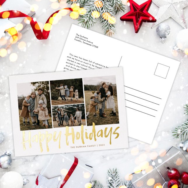 Modern Lettering Five Photo Happy Holidays Foil Holiday Postcard (Creator Uploaded)