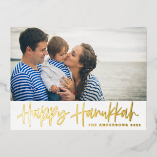 Modern Lettering Happy Hanukkah Photo Foil Holiday Postcard