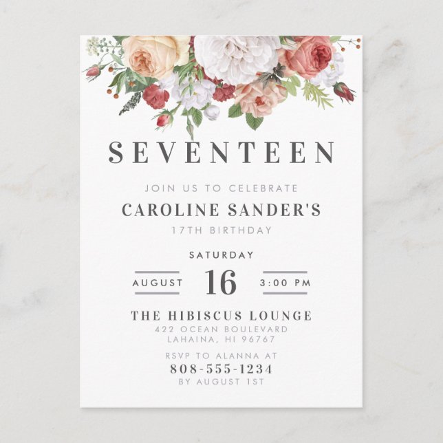 Modern Lettering & Watercolor Bouquet Birthday Invitation Postcard (Front)