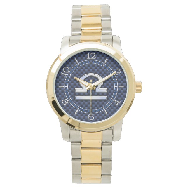 Modern Libra Sign on Navy Blue Carbon Dial Watch (Front)