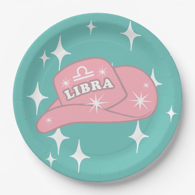 Modern Libra Zodiac Cowgirl Hat Teal Party  Paper Plate (Front)