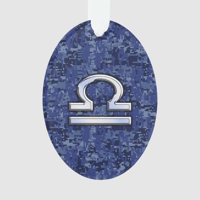 Modern Libra Zodiac Sign on blue digital camo Ornament (Front)