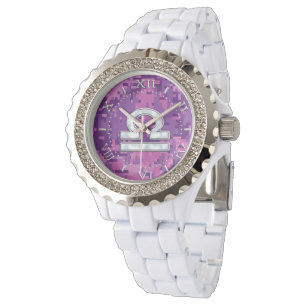 Modern Libra Zodiac Symbol on Fuchsia Camo Dial Watch