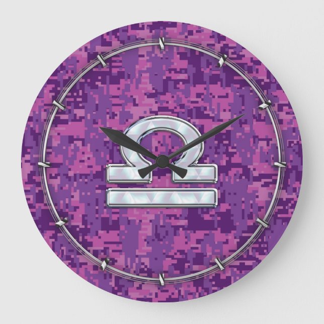 Modern Libra Zodiac Symbol on Fuchsia Digital Camo Large Clock (Front)
