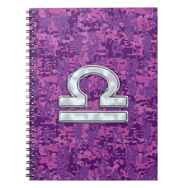 Modern Libra Zodiac Symbol on Fuchsia Digital Camo Notebook (Front)