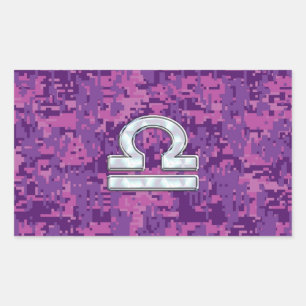 Modern Libra Zodiac Symbol on Fuchsia Digital Camo Rectangular Sticker