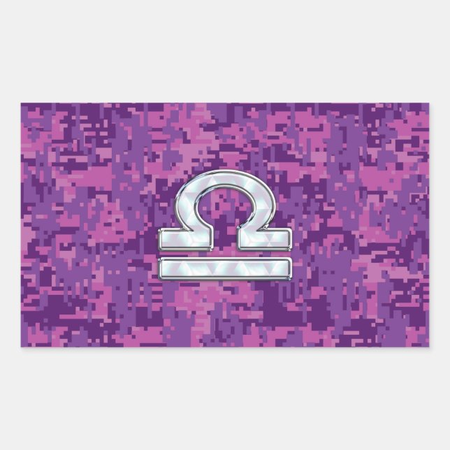 Modern Libra Zodiac Symbol on Fuchsia Digital Camo Rectangular Sticker (Front)