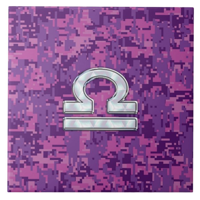 Modern Libra Zodiac Symbol on Fuchsia Digital Camo Tile (Front)