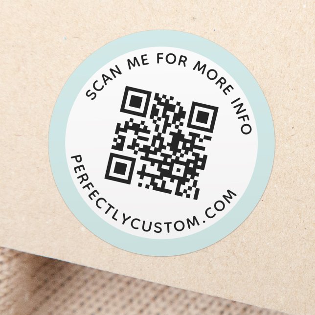 Modern light aqua blue border QR code and text  Classic Round Sticker (Creator Uploaded)
