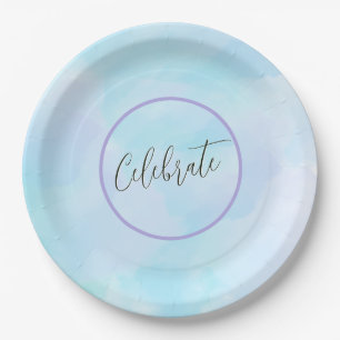 Modern Light Aqua Blue Elegant Script Celebrate Paper Plate