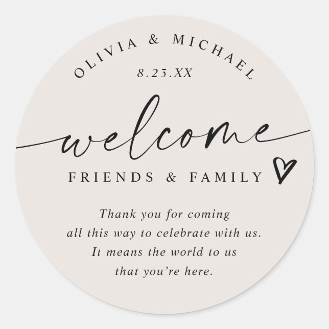 Modern Light Beige Tan Wedding Welcome Hotel Bag Classic Round Sticker (Front)