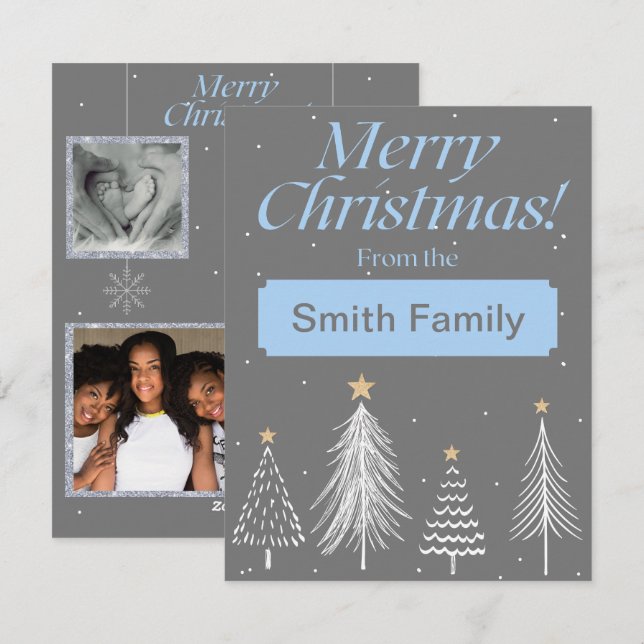Modern Light Blue and Dark Grey Merry Christmas Holiday Card (Front/Back)