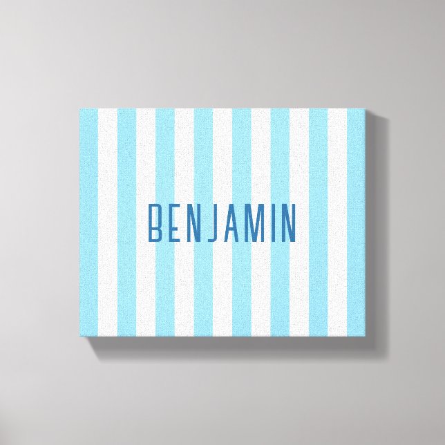 Modern Light Blue and White Striped Name Canvas Print (Front)