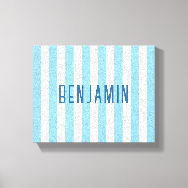 Modern Light Blue and White Striped Name Canvas Print (Front)