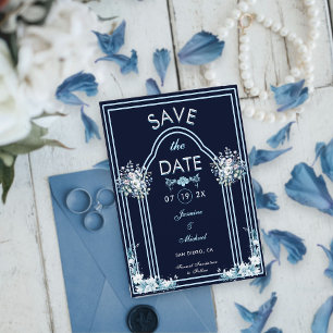 Modern Light Blue Arch Florals Navy Boho Wedding  Save The Date